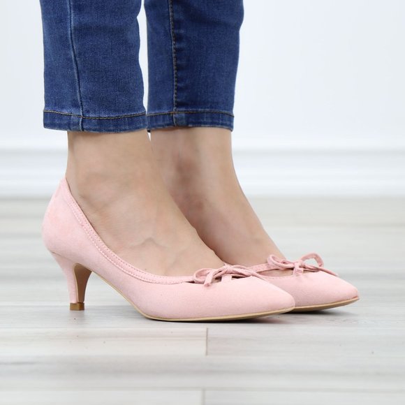 Pink Bow Vintage Style Pointed Toe Faux Suede Kitten Low Heel Shoes - Picture 3 of 13